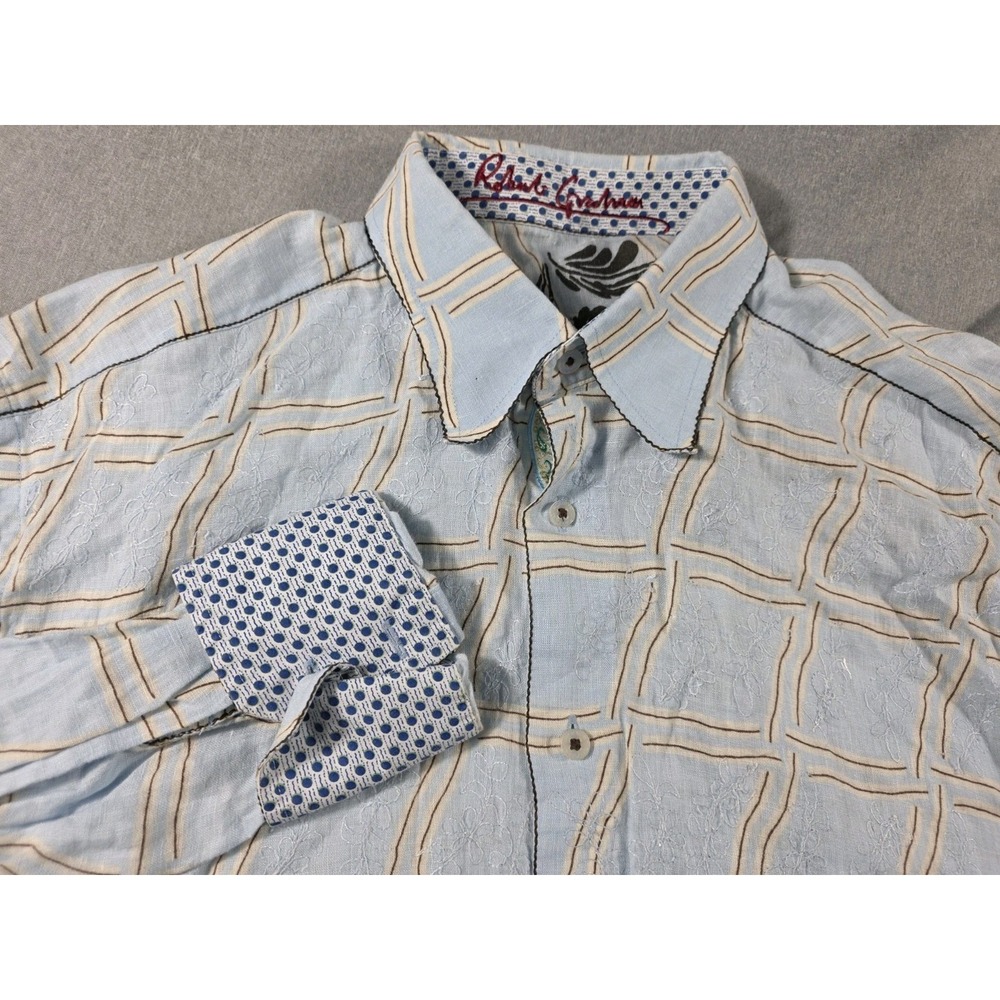 Robert Graham Linen Shirt Embroidered Floral Front, Flip Cuff XL Baby Blue L/S